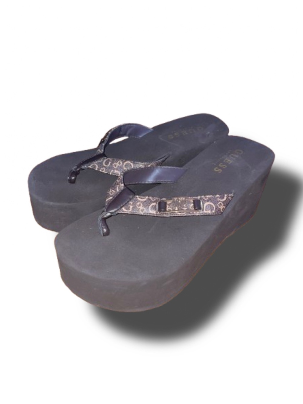 Guess Black Platform Flip-Flop Wedge Sandals with Logo Straps